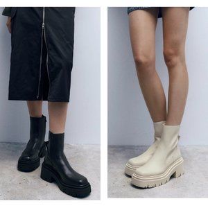 ZARA Women's LUG Sole Ankle Boots(Off White, Black US 9/EUR 40)